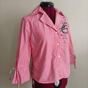 Simorra Women Pinstripe Striped Button Down Blouse Shirt Red White Collared 10